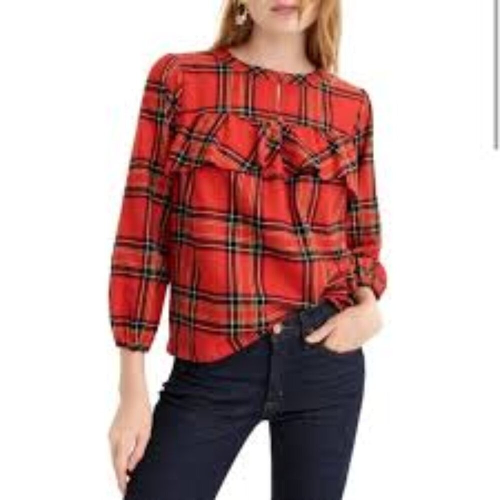 J Crew Flannel Ruffle Blouse in Festive Plaid Red Size L